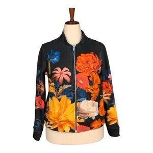 The Kit Black Bomber Jacket Vibrant Floral Print Front Pockets Zip Front Size M